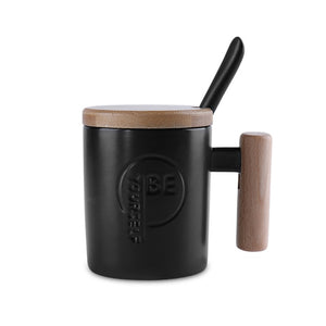 Ceramic Mug Wooden Handgrip Lid Cups