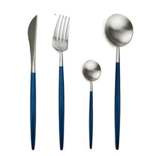 Load image into Gallery viewer, Black Silver Plate Dinner Dessert Fork Spoon Knife Set