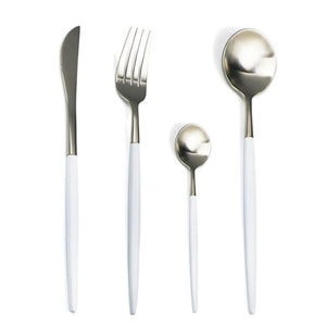 Black Silver Plate Dinner Dessert Fork Spoon Knife Set
